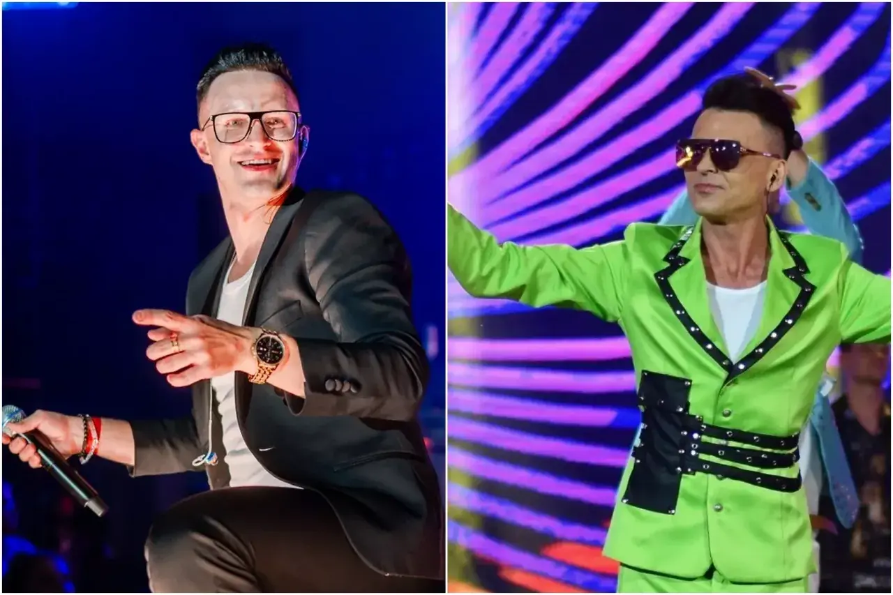 Gwiazdy disco polo z wschodniej Polski: Zenek Martyniuk w czarnym garniturze i w zielonej stylizacji na scenie.