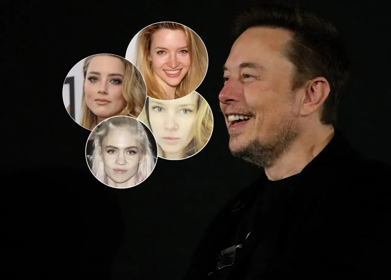 Uśmiechnięty Elon Musk na czarnym tle, obok niego w okręgach twarze kobiet, które mogłyby być matkami dzieci Elona Muska.
