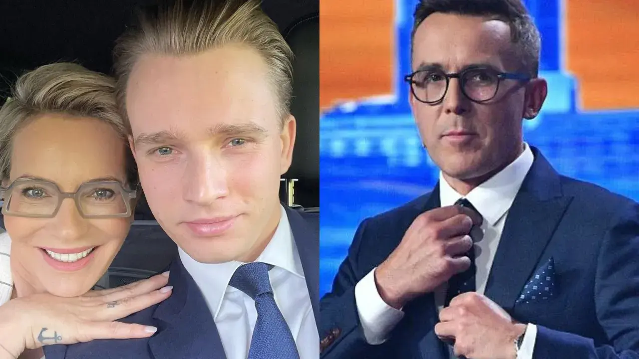 Syn popularnego prezentera zrezygnował z kariery w mediach. Na zdjęciu on i jego matka, obok fragment prezentera.