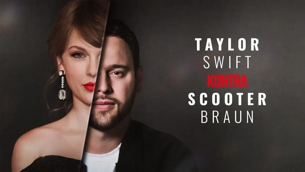 Taylor Swift kontra Scooter Braun. Obraz symbolizuje spór o prawa do utworów, podkreślając szczegóły ugody między piosenkarką a jej byłym menedżerem.