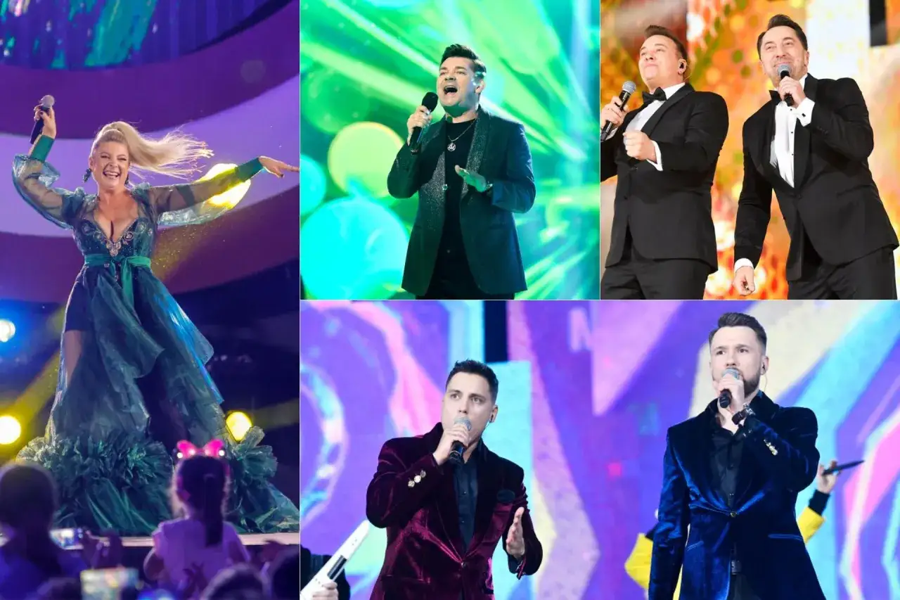 Gwiazdy disco polo, które mają korzenie na wschodzie Polski: wokalistka w zielonej sukni, mężczyzna w czarnym błyszczącym garniturze, duet w czarnych smokingach, wokalista w bordowym aksamicie i w niebieskim aksamicie.