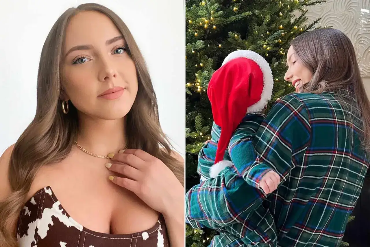 Hailie Jade Scott Mathers z dzieckiem w świątecznych piżamkach przy choince. Po lewej Hailie Jade Scott Mathers w brązowej bluzce.