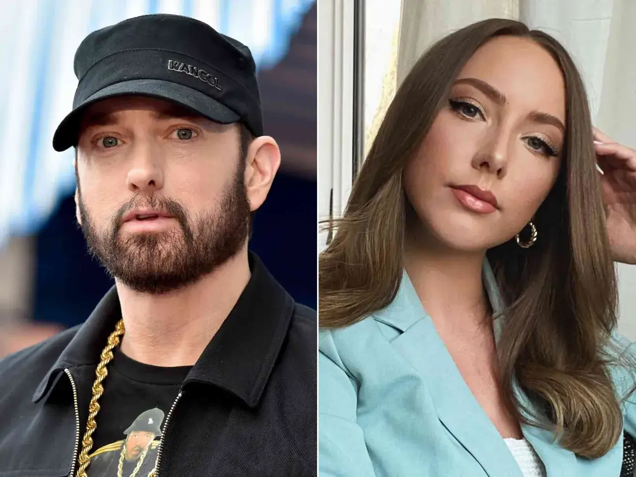Eminem i Hailie Jade Scott Mathers, jego córka, na dwóch oddzielnych zdjęciach.