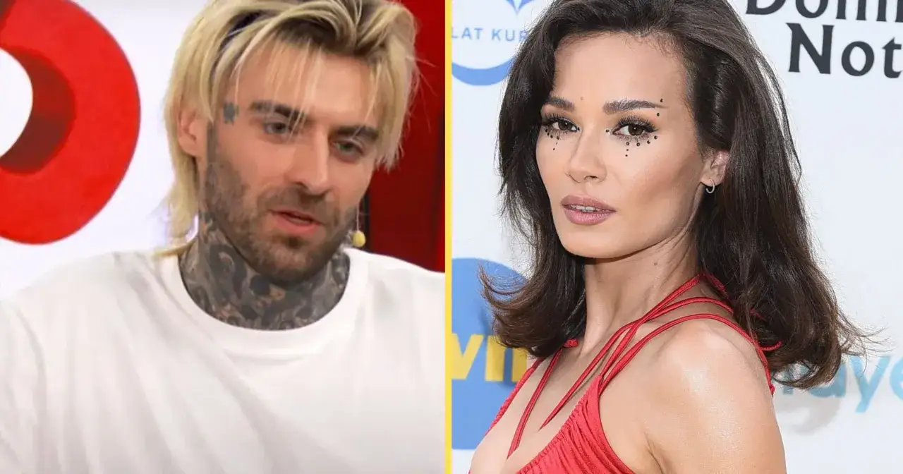 Quebonafide z tatuażami na szyi i Natalia Szroeder z błyszczącymi ozdobami na twarzy.