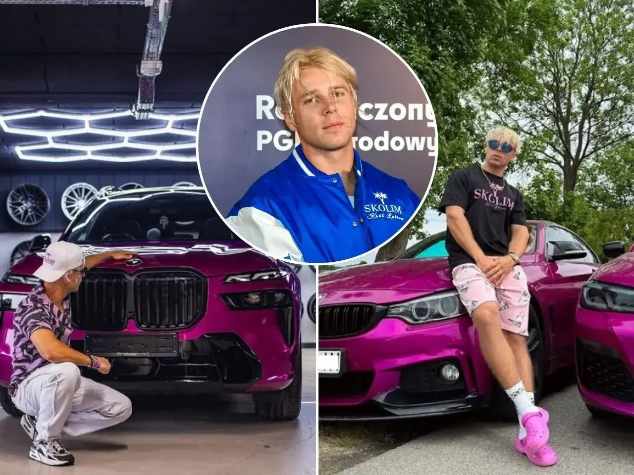 Gwiazdor w otoczeniu różowych aut. Czy to jego własne, czy tylko leasing reklamowy?
