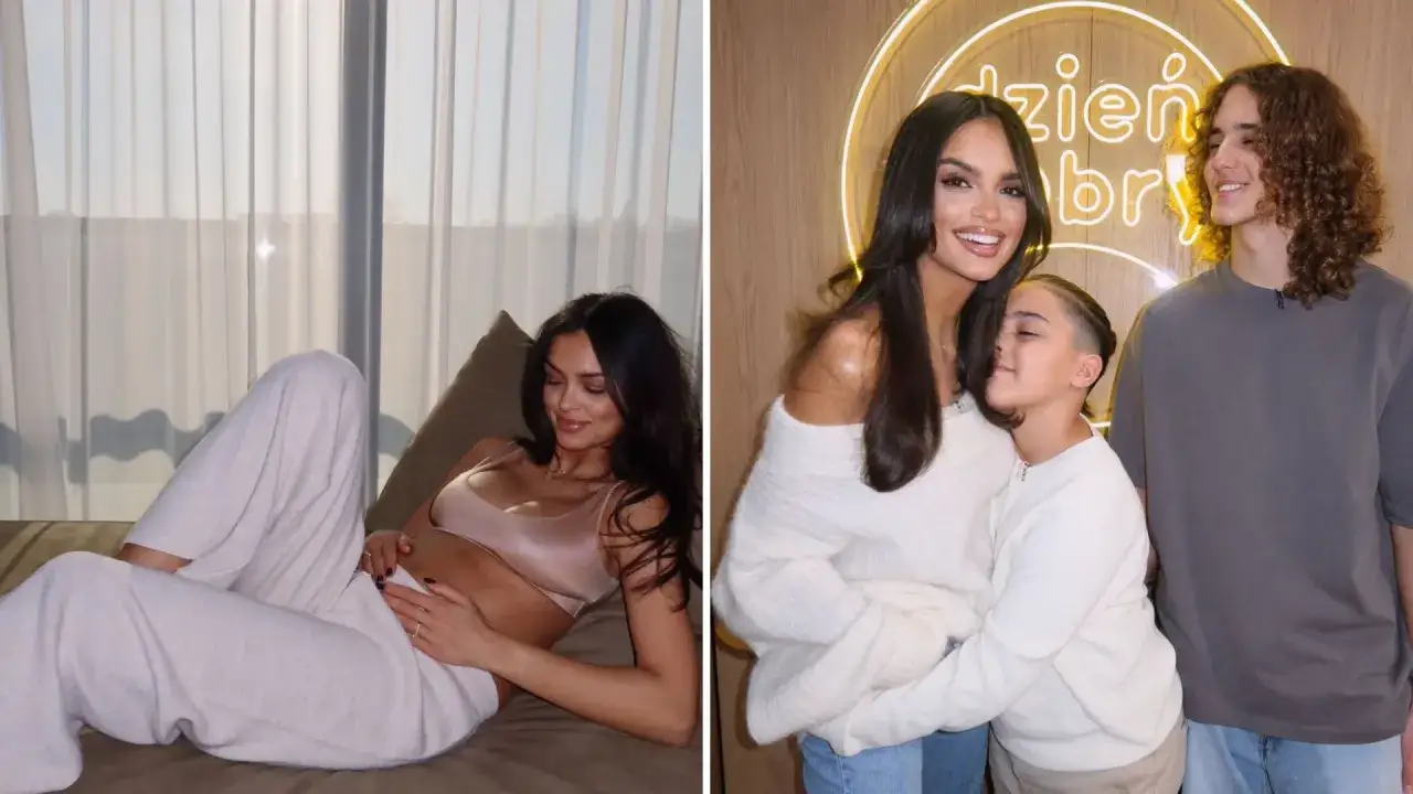 Klaudia El Dursi z dwójką synów. Na jednym zdjęciu widać jej ciążowy brzuszek, a na drugim czułe objęcia z dziećmi.
