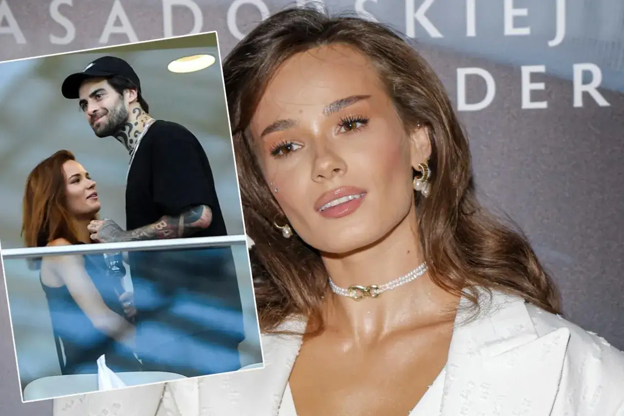 Natalia Szroeder z partnerem, uśmiechnięci i blisko siebie. W tle fragment twarzy Natalii w białej marynarce.