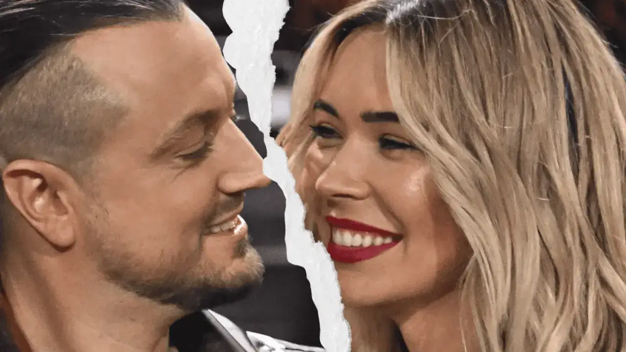 Sandra Kubicka i Baron uśmiechają się do siebie, ich twarze rozdzielone są postrzępionym papierem.