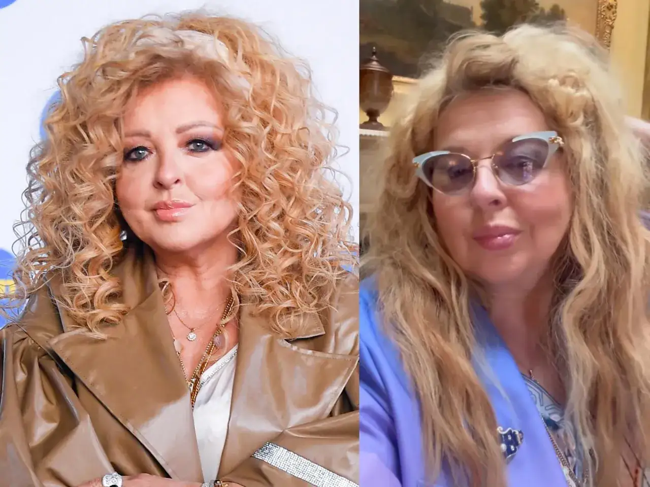 Magda Gessler bez makijażu, w okularach i z burzą blond loków. Obok jej zdjęcie w eleganckim stroju.