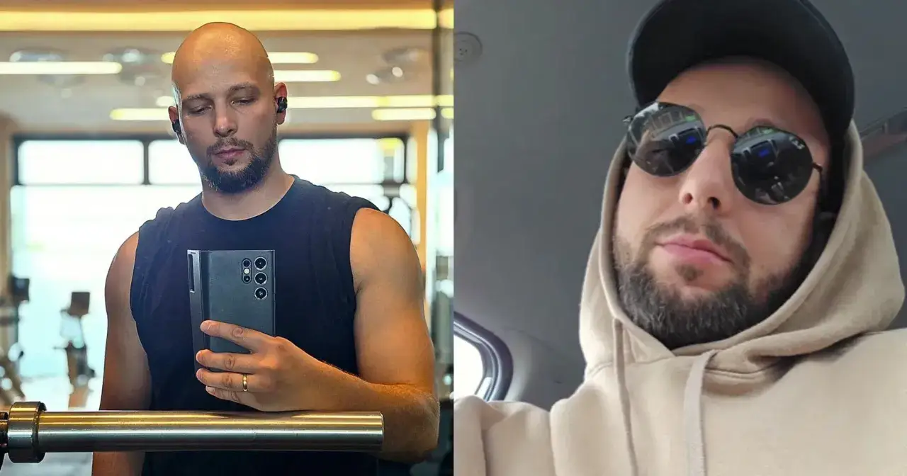 Maciej Pela, wiek nieznany, w dwóch odsłonach: na siłowni z telefonem i w kapturze z okularami.