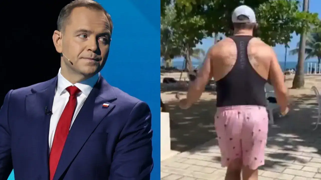 Karol Nawrocki w garniturze i mężczyzna z tatuażem na plecach w stroju sportowym na plaży.