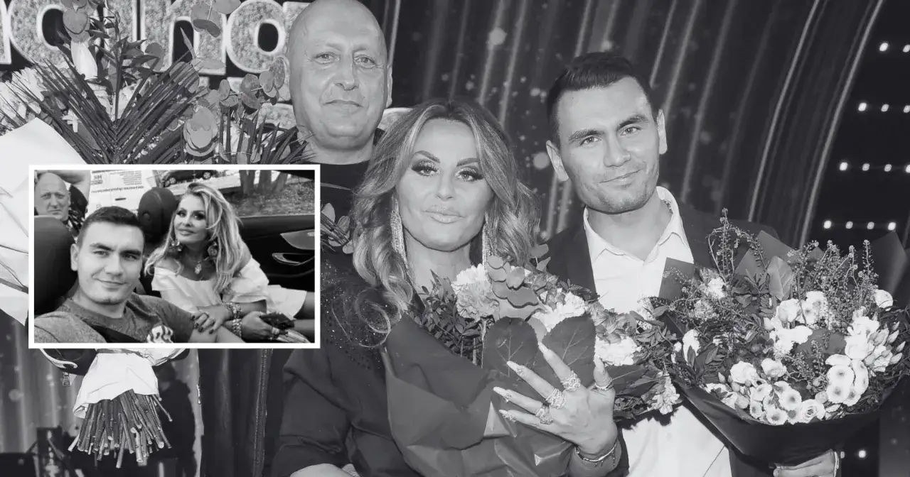 Jacek Wójcik wiek nieznany, z bukietami kwiatów, obok kobiety i mężczyzny. W lewym dolnym rogu zdjęcie w samochodzie.