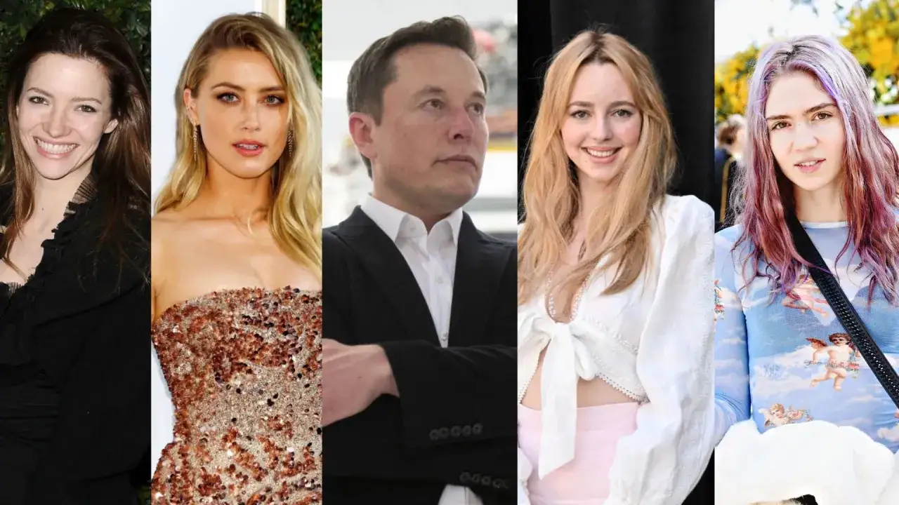 Pięć osób, w tym Elon Musk i Grimes, potencjalni rodzice dzieci Elona Muska, w kolażu zdjęć.