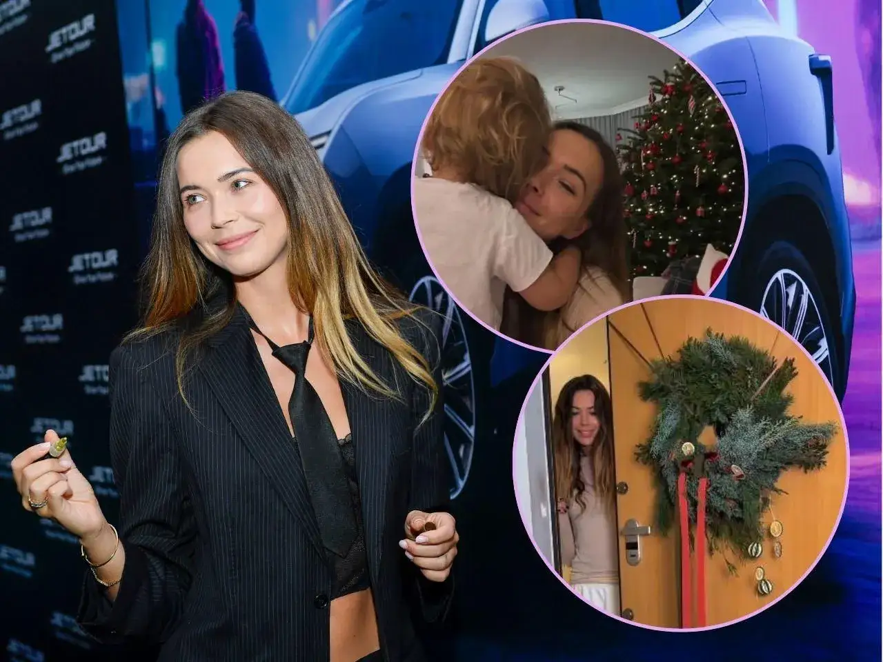 Sandra Kubicka i Baron w kadrze. Modelka z synkiem przy choince i w drzwiach z wieńcem.