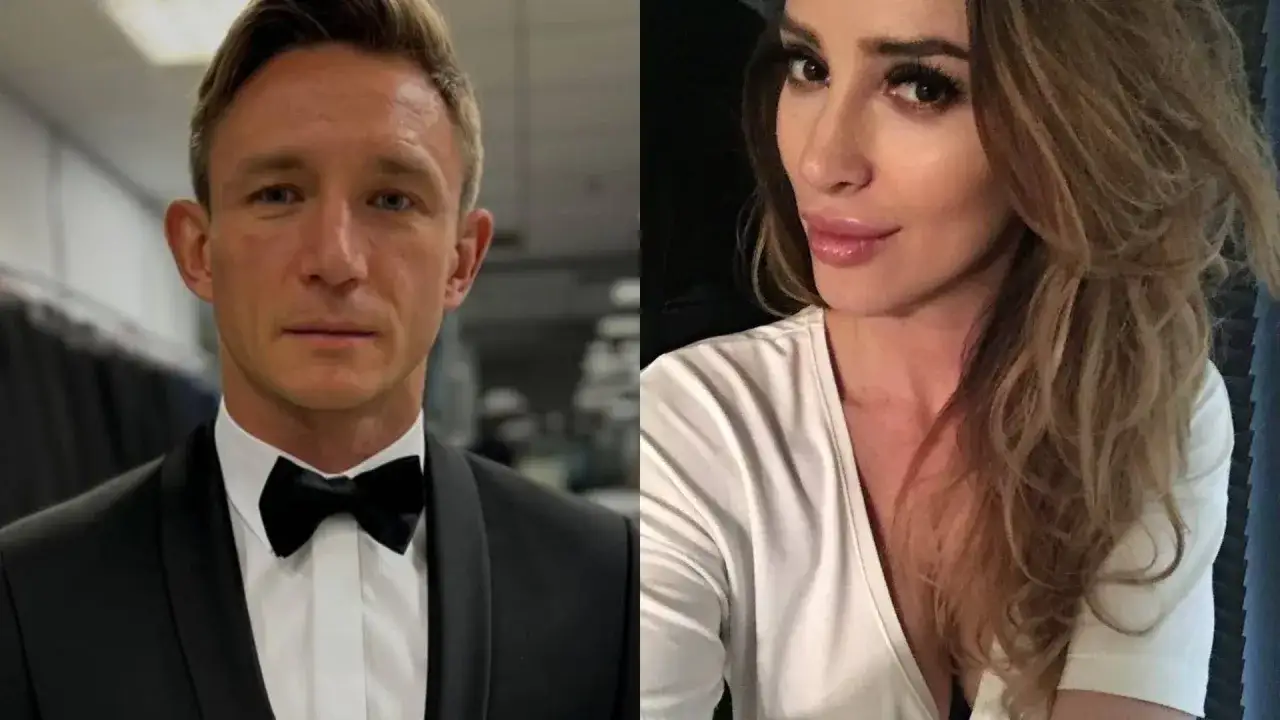 Elegancki mężczyzna w garniturze i kobieta z burzą blond włosów, być może to mąż Eweliny Ślotały.