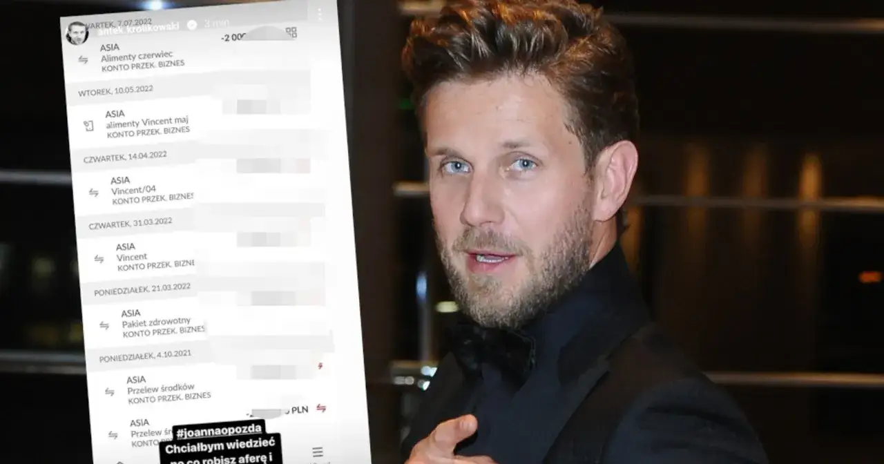 Antek Królikowski płaci alimenty Vincentowi. Zrzut ekranu pokazuje przelewy, które mogą ujawnić, jakie alimenty płacą najpopularniejsi polscy aktorzy na swoje dzieci.