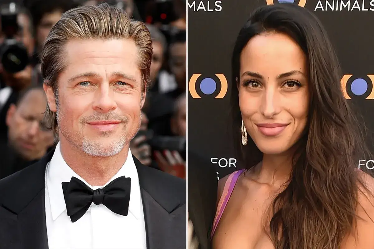 Brad Pitt w garniturze i Ines de Ramon z długimi ciemnymi włosami, uśmiechnięta, w eleganckiej sukience.