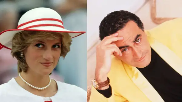 Księżna Diana w kapeluszu i Dodi Al Fayed w żółtej marynarce.