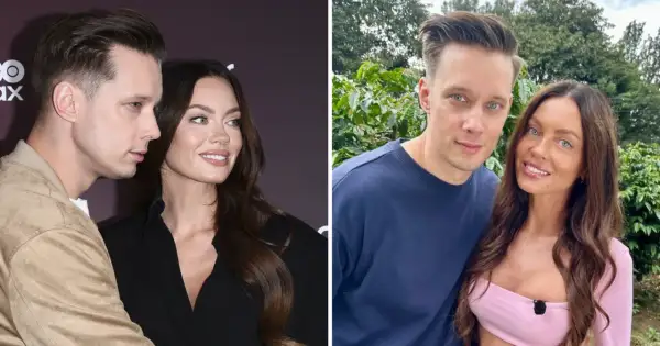Edyta Zając z partnerem, uśmiechnięci, w dwóch różnych stylizacjach.