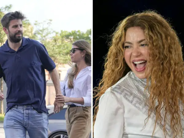 Gerard Piqué z Clarą Chía Marti spacerują, podczas gdy Shakira śpiewa na scenie.