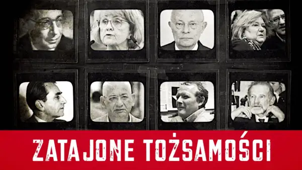 Osiem czarno-białych zdjęć osób w ramkach, pod nimi napis "ZATAJONE TOŻSAMOŚCI". Czy to historia, dlaczego znany dziennikarz zmienił nazwisko przed rozpoczęciem kariery?