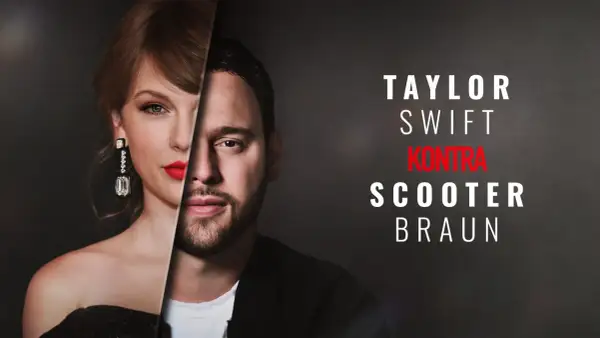 Taylor Swift kontra Scooter Braun. Obraz symbolizuje spór o prawa do utworów, podkreślając szczegóły ugody między piosenkarką a jej byłym menedżerem.
